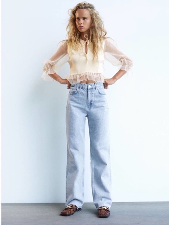 Zara organza knit Sheer Ruffle-Trim Cream Blouse with Tie Neck NWOT Sm - Picture 4 of 16